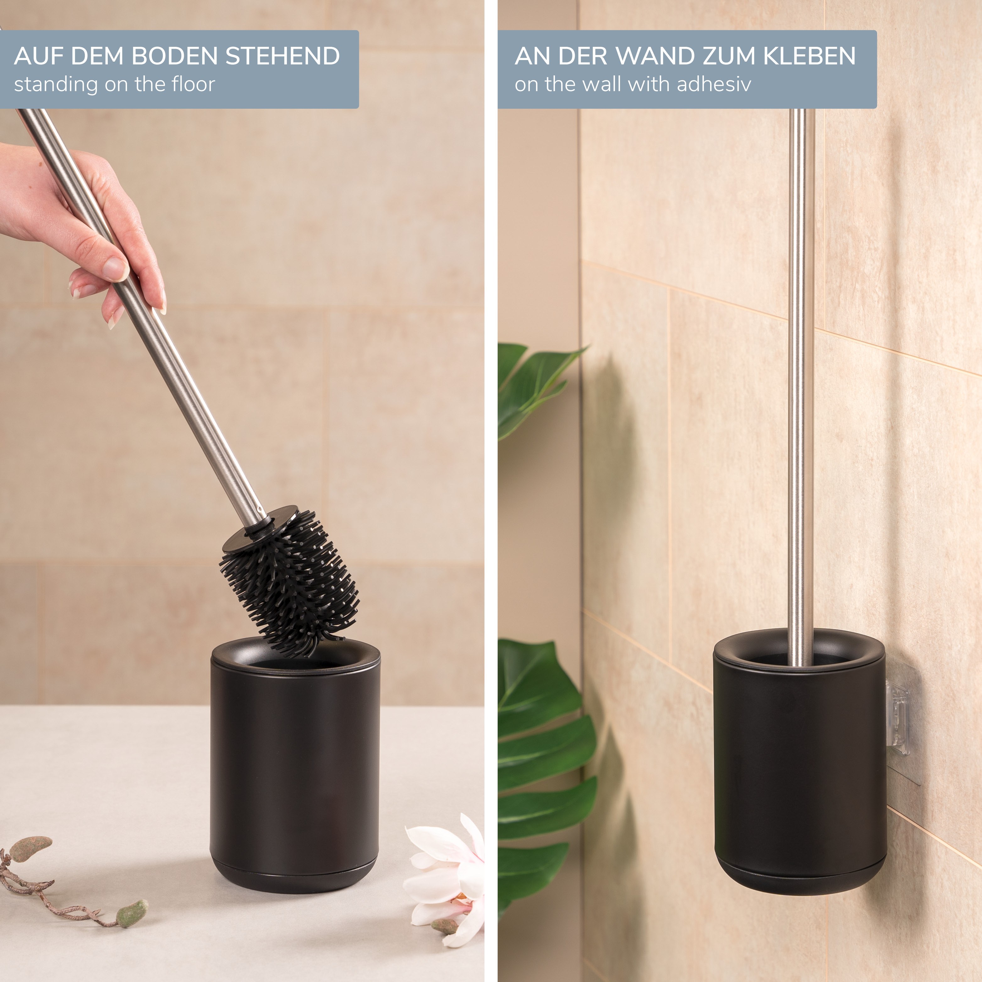 WC-Garnitur BARBENA, schwarz, mit flexibler 3in1 Bürste aus elastischem TPR-Material mit Wandhalterung // WC-Bürste Edelstahlgriff 