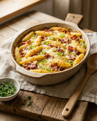 High Protein Schupfnudel Flammkuchen Auflauf - High Protein Schupfnudel Flammkuchen Auflauf