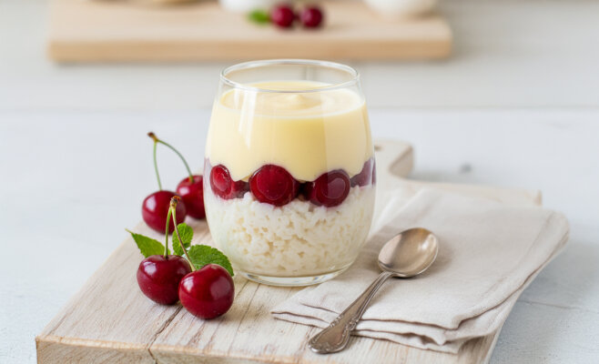 Milchreis im Glas – cremig, fruchtig &amp; perfekt für unterwegs - Milchreis im Glas mit Kirschen &amp; Vanillepudding – cremig &amp; fruchtig | Meal Prep Rezept