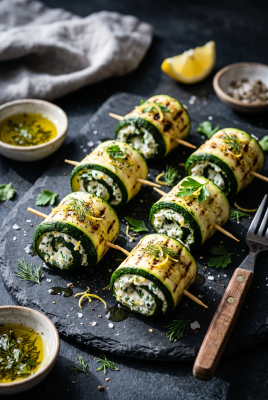 Gegrillte Zucchini-Röllchen mit Ricotta und Kräutern - Zucchini-Röllchen vom Grill – Vegetarisches Rezept mit Ricotta