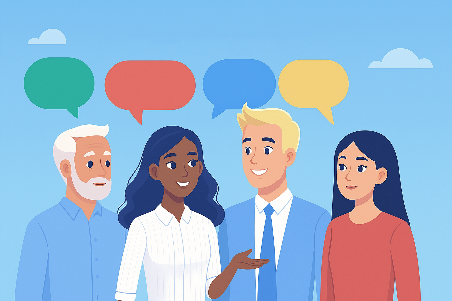 Vier Personen stehen im Freien und unterhalten sich. Vier Sprechblasen schweben über ihnen. Die Personen tragen unterschiedliche Kleidung: eine weiße Bluse, ein Anzug, ein rotes Oberteil und ein Hemd.