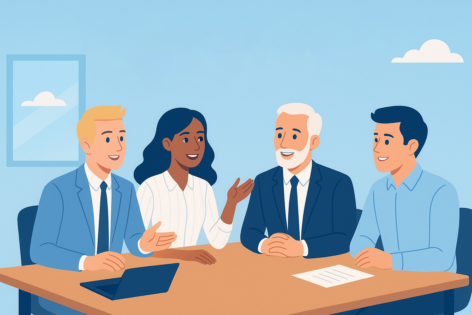 Vier Personen sitzen an einem Tisch. Eine Person mit schwarzem, lockigem Haar trägt ein gestreiftes Hemd und gestikuliert. Die anderen drei Personen tragen Anzüge in verschiedenen Farben. Auf dem Tisch liegt ein Blatt Papier und ein Laptop.