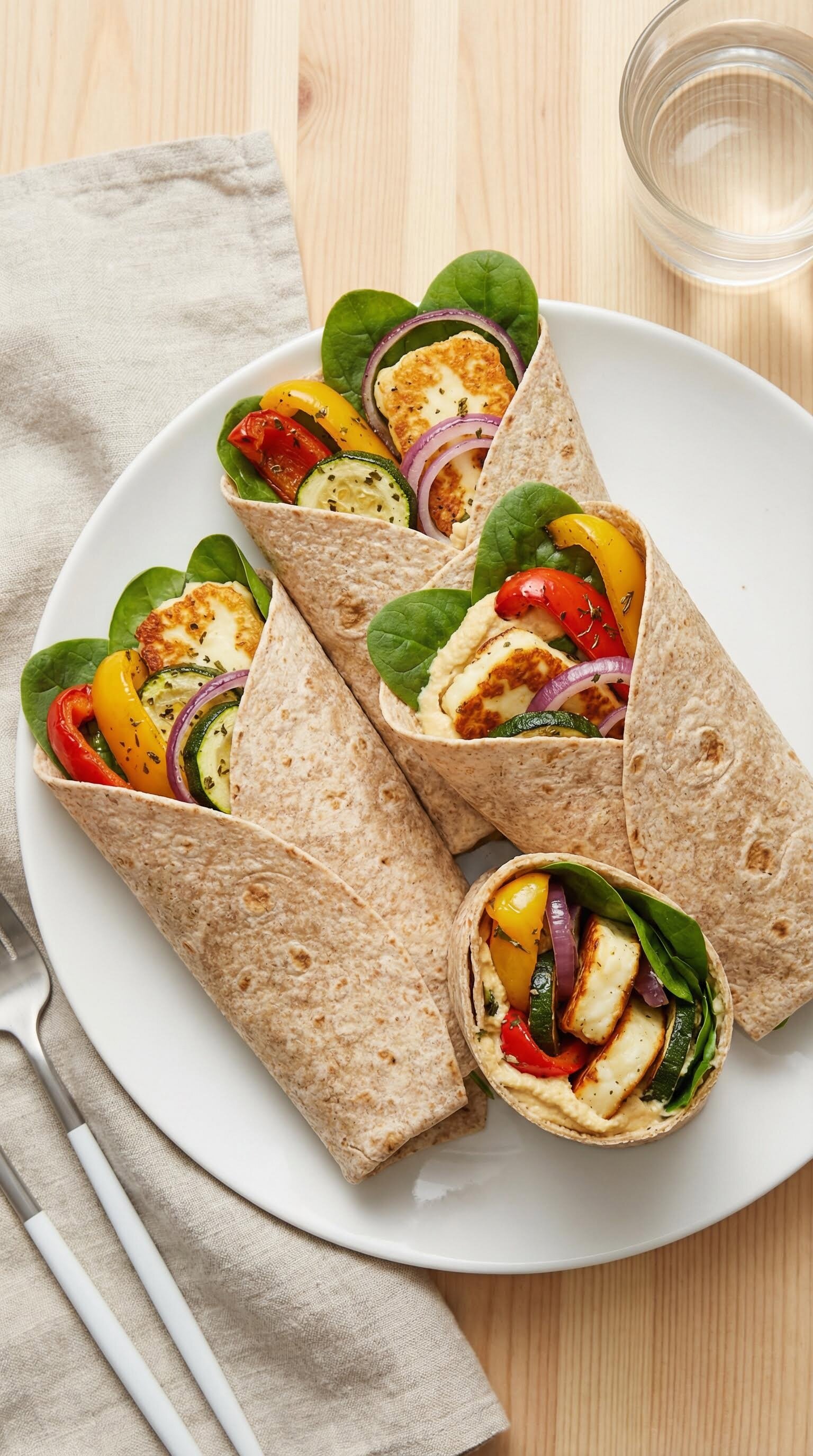 Drei Wraps mit Halloumi, Spinat, Paprika, Zucchini und roten Zwiebeln auf weißem Teller neben Glas Wasser und Besteck auf Leinentuch