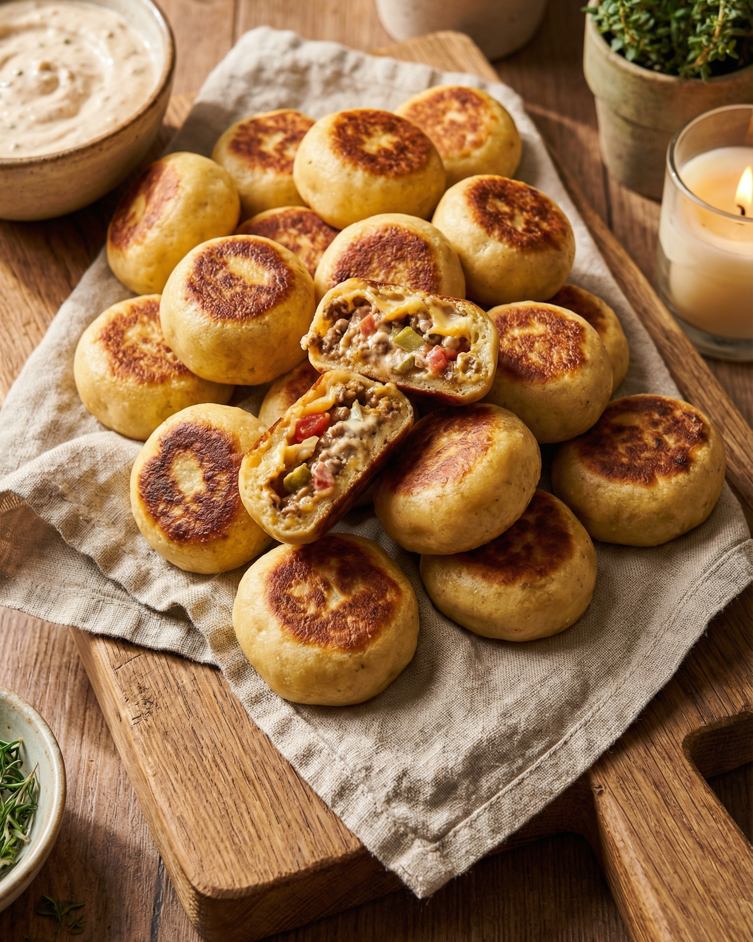 Mehrere kleine, goldbraun gebratene Teigbällchen mit einer Füllung aus Hackfleisch und Gemüse auf einem Holzbrett mit Leinenserviette