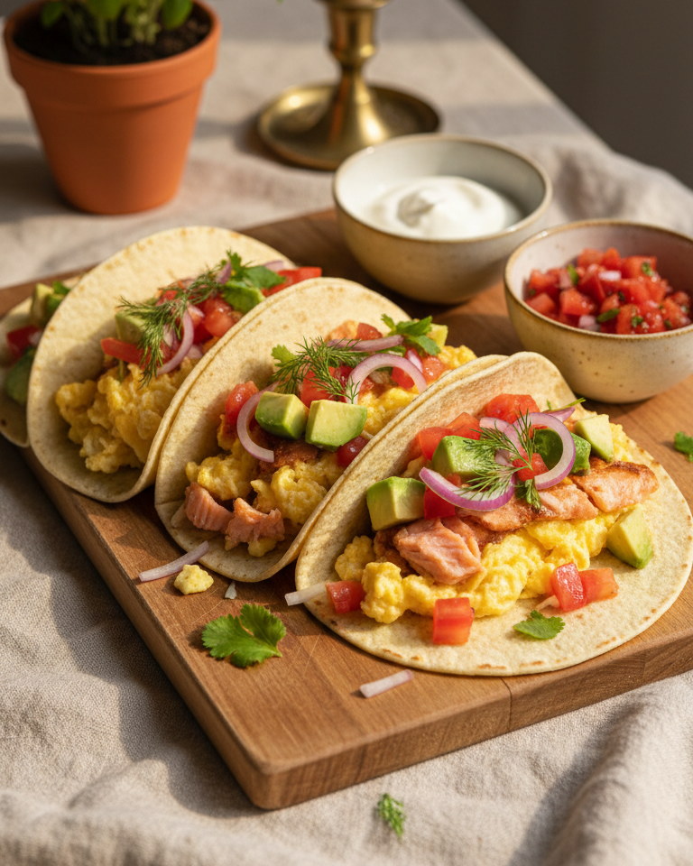 Drei Tacos mit Rührei, Lachs, Avocadowürfeln, roten Zwiebeln, Tomatenstücken und Dill auf einem Holzbrett mit Schälchen für Sauerrahm und Tomatensalsa im Hintergrund