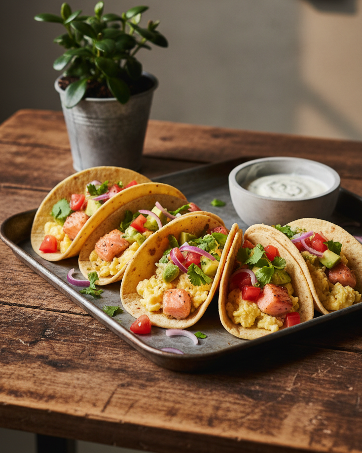 Vier Tacos mit Lachs, Rührei, Tomaten, Avocado, roten Zwiebeln und Koriander auf einem Backblech mit einem kleinen Schälchen weißer Sauce im Hintergrund