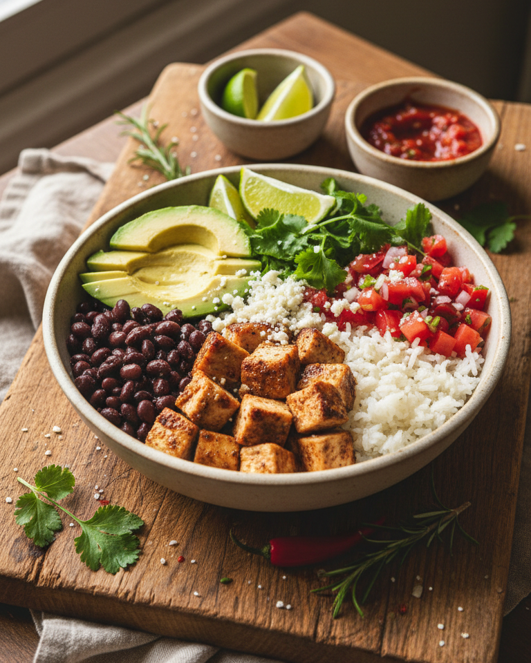 Schale mit gewürzten Tofuwürfeln, schwarzen Bohnen, Avocadoscheiben, Reis, Tomatenwürfeln, Koriander und Limettenspalten auf einem Holzbrett mit kleinen Schalen mit Limetten und Salsa