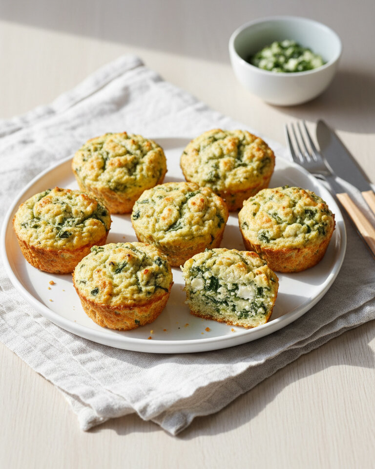 Sechs Muffins mit Spinat und Feta auf weißem Teller, einer halbiert, daneben Gabel und Messer sowie kleine Schale mit grüner Sauce