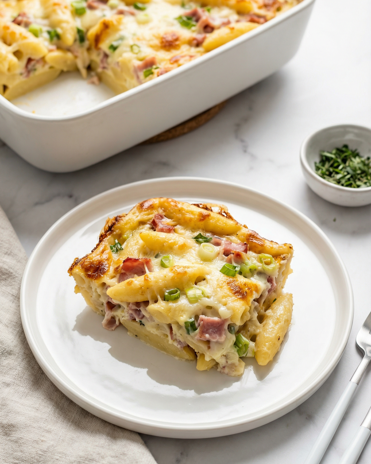 Auf einem weißen Teller liegt ein Stück Nudelauflauf mit Schinken und Frühlingszwiebeln, im Hintergrund eine weiße Auflaufform mit dem restlichen Auflauf