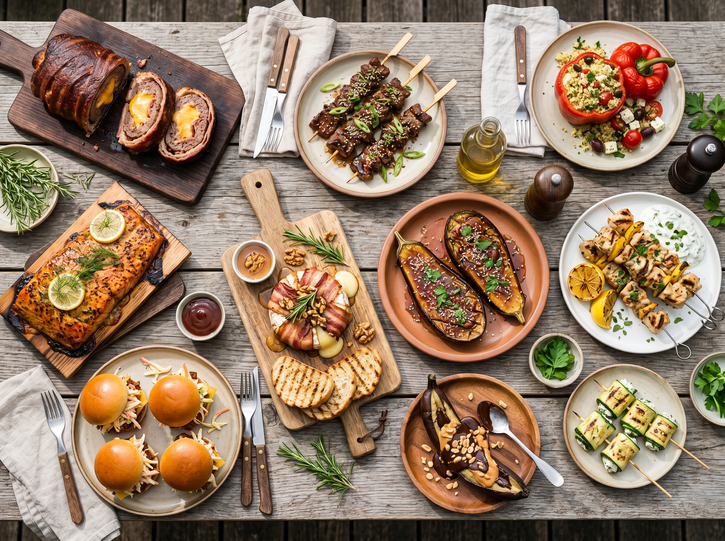 Verschiedene Grillgerichte sind auf einem Holztisch angerichtet. In der Mitte liegen gegrillte Auberginenhälften mit Kräutern und Nüssen auf einem Holzbrett. Links davon befindet sich ein Braten mit Speckmantel und eine Platte mit Lachsfilet, garniert mit Zitronenscheiben und Kräutern. Daneben stehen drei Burger mit Brötchen, Salat und Spießen. Rechts sind mehrere Teller mit Grillspießen aus Gemüse, Fleisch und Käse zu sehen. Ein Teller mit gefüllter Paprika und ein Glas Olivenöl stehen ebenfalls auf dem Tisch. Frische Kräuter und Brotscheiben ergänzen die Anordnung. Das gesamte Arrangement wirkt rustikal und einladend.