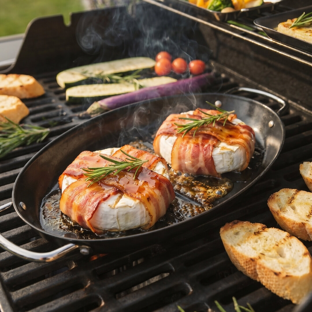 Zwei runde Käselaibe, jeweils mit Speck umwickelt und mit einem Zweig Rosmarin belegt, liegen in einer schwarzen Grillpfanne auf einem Grillrost. Aus dem Käse tritt geschmolzener Inhalt aus. Im Hintergrund liegen halbierte Zucchini, Kirschtomaten und längliche Auberginen auf dem Grill. Am Rand sind mehrere Scheiben geröstetes Baguette zu sehen. Rauch steigt auf und deutet auf die Hitze des Grills hin.
