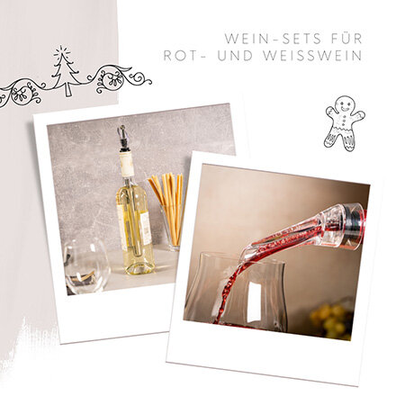 Weinsets für Rot- und Weißwein mit Weinflasche, Gläsern und Kräutern.