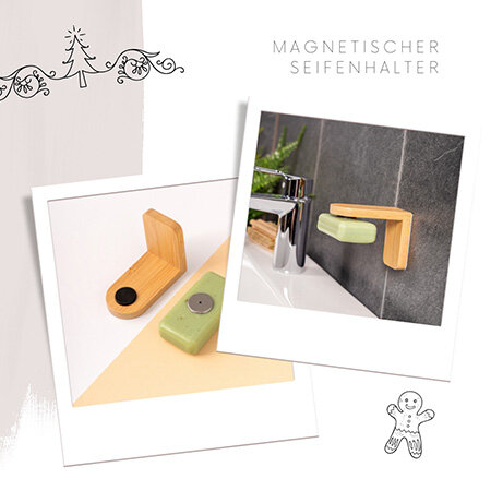 Zwei Bilder eines magnetischen Seifenhalters. Links ein Holzhalter in L-Form mit einem schwarzen Magneten, rechts ein grüner Seifenblock auf einem modernen Waschbecken.