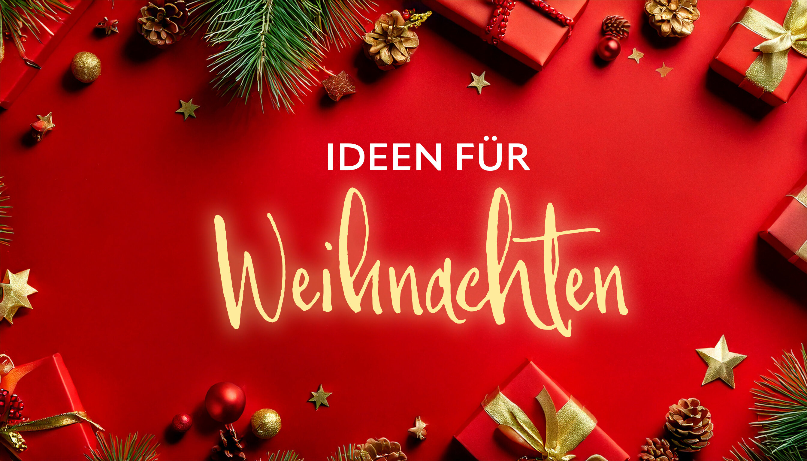 Weihnachtsgeschenke und Dekorationen auf rotem Hintergrund