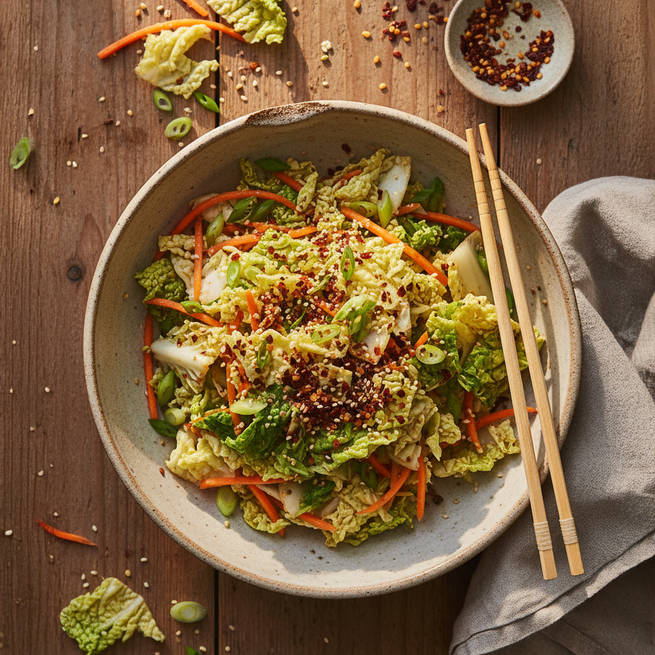 Schüssel mit asiatischem Chinakohlsalat, Karottenstreifen, Sesam und Chiliflocken, daneben Essstäbchen und graues Stofftuch auf Holztisch.