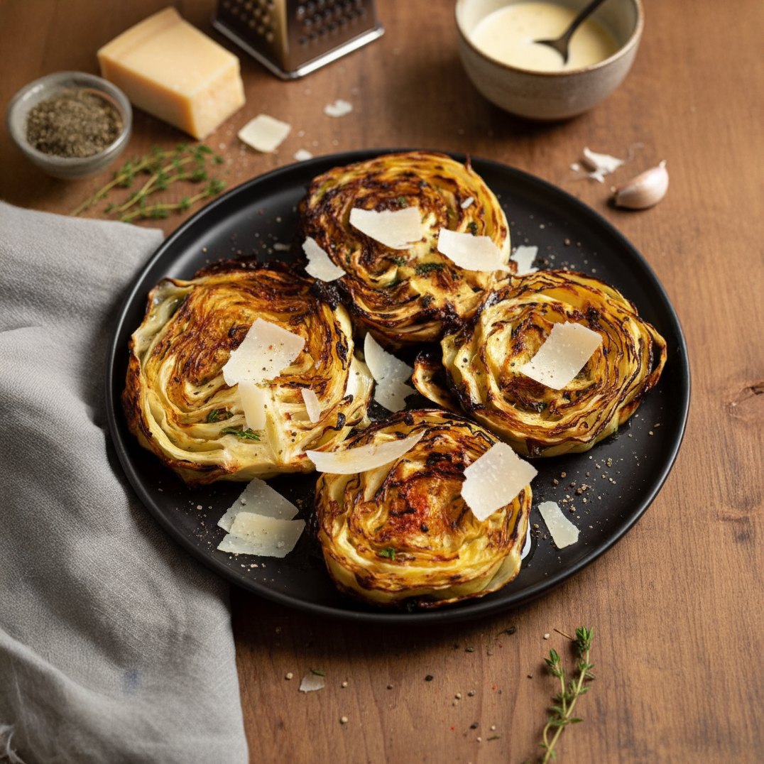 Vier geröstete Kohlsteaks auf schwarzem Teller mit Parmesanspänen, daneben Reibe, Schale mit Sauce, Knoblauch und Gewürze auf Holztisch