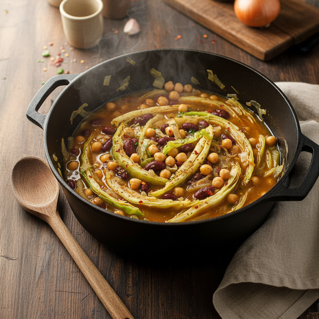 Dampfender Eintopf mit Kohlstreifen und Kichererbsen in einem schwarzen Topf auf Holztisch mit Holzlöffel und grauem Tuch