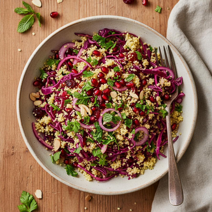 Schale mit Tabouleh-Salat aus Couscous, Rotkohlstreifen, Granatapfelkernen, Kräutern und Mandelsplittern auf Holztisch mit Gabel und grauem Stoffserviette