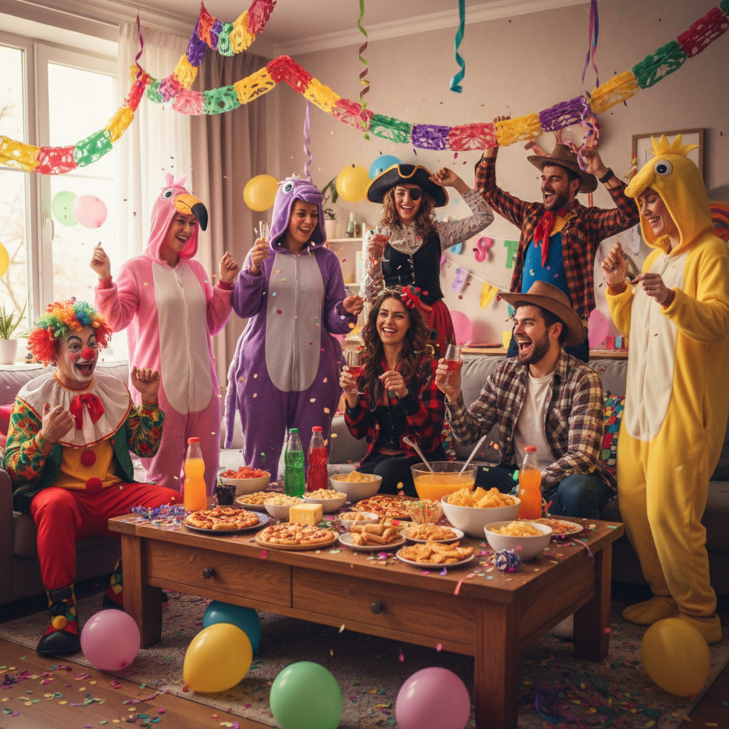 Gruppe von acht Personen in bunten Kostümen, darunter Clown, Einhorn, Cowboy und gelbes Tier, feiern mit Luftschlangen und Luftballons in einem Raum mit einem Tisch voller Snacks und Getränken.