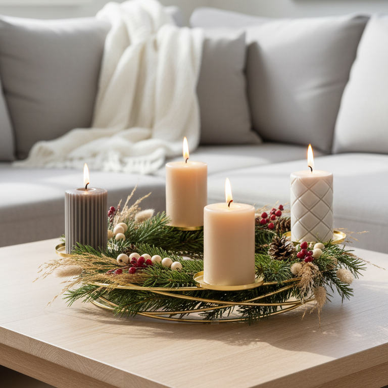Adventskranz mit vier brennenden Kerzen auf einem Holztisch vor einem Sofa mit Kissen und Decke.