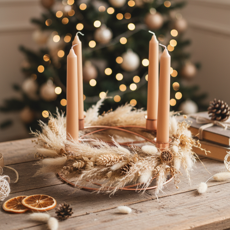 Adventskranz mit vier hohen sandfarbenen Kerzen, Pampasgras und Trockenblumen auf Holztisch, unscharfer Weihnachtsbaum im Hintergrund.