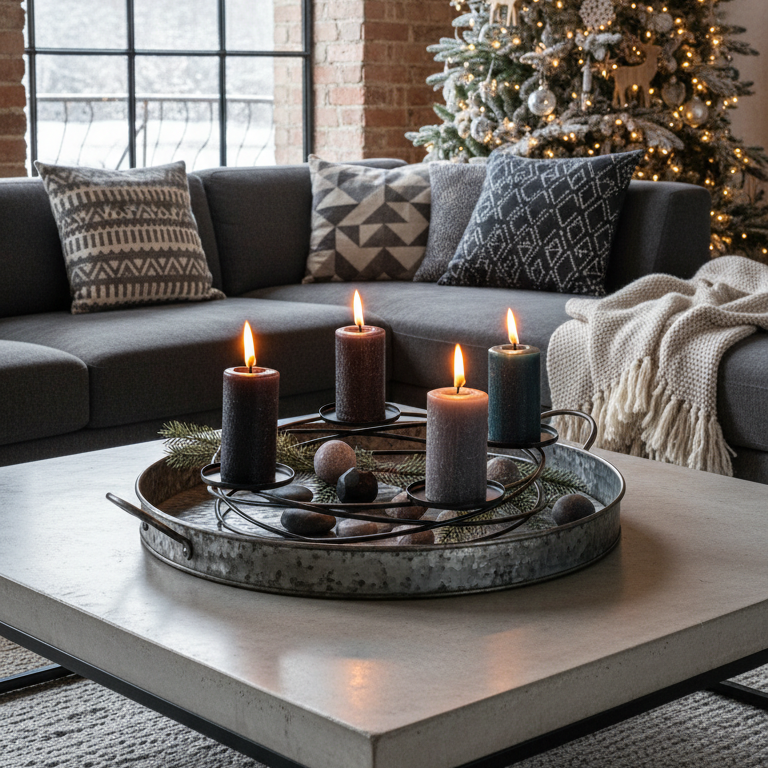 Adventskranz mit vier brennenden, dunklen Kerzen auf einem Metalltablett auf einem Couchtisch vor einem Sofa mit gemusterten Kissen und einem geschmückten Weihnachtsbaum.