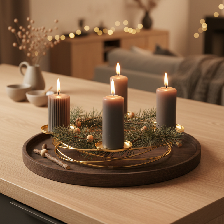 Adventskranz mit vier brennenden, dunklen Kerzen auf einem runden Holztablett, dekoriert mit matten Tannenzweigen und kleinen Naturholzdetails.