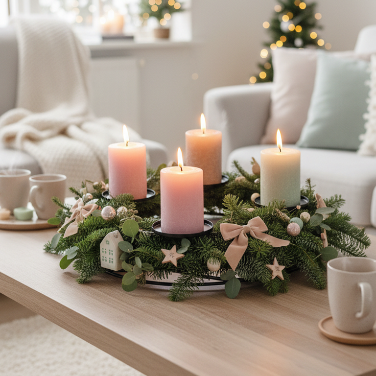Adventkranz mit vier brennenden Kerzen, geschmückt mit Tannenzweigen, Schleifen, kleinen Sternen und Kugeln auf einem Holztisch.