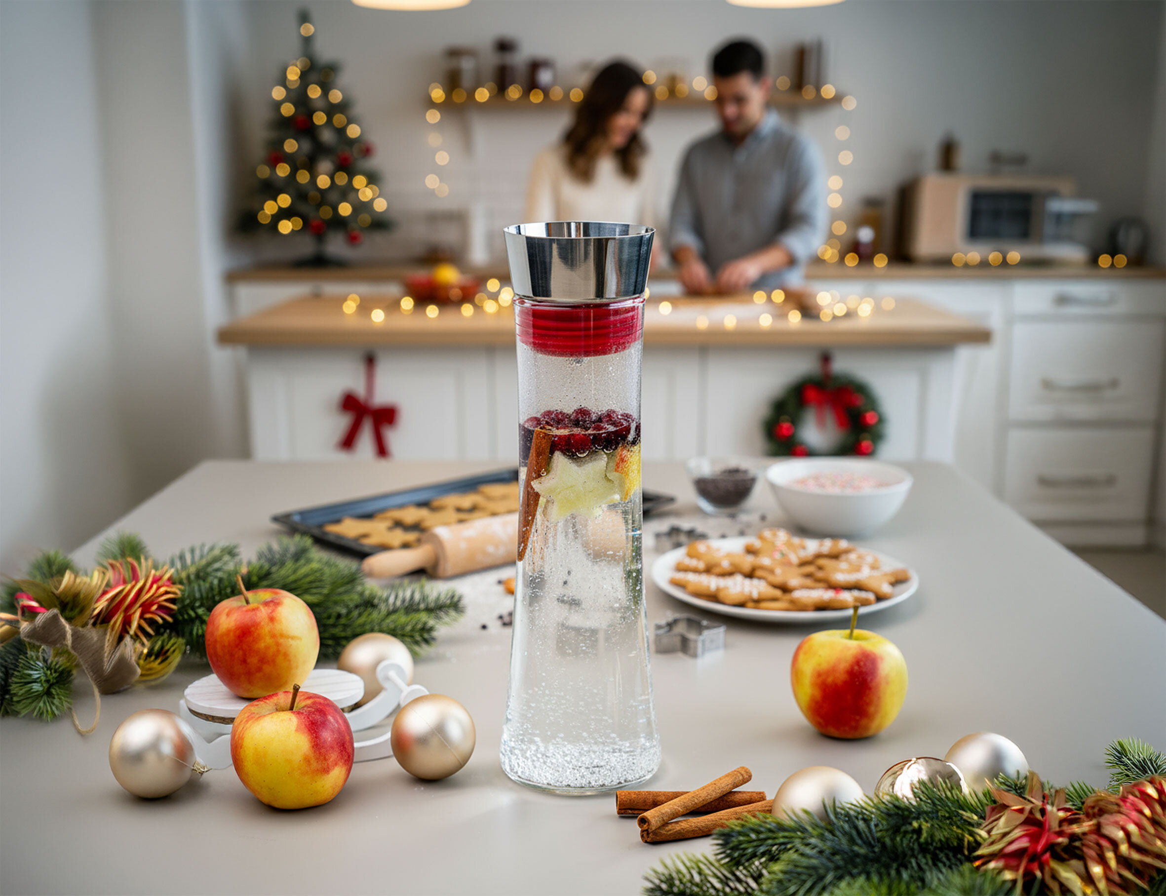 Weihnachtsdekoration mit Wasserkaraffe, Apfeln, Gewürzen und Lebkuchen in einem gemütlichen Ambiente.