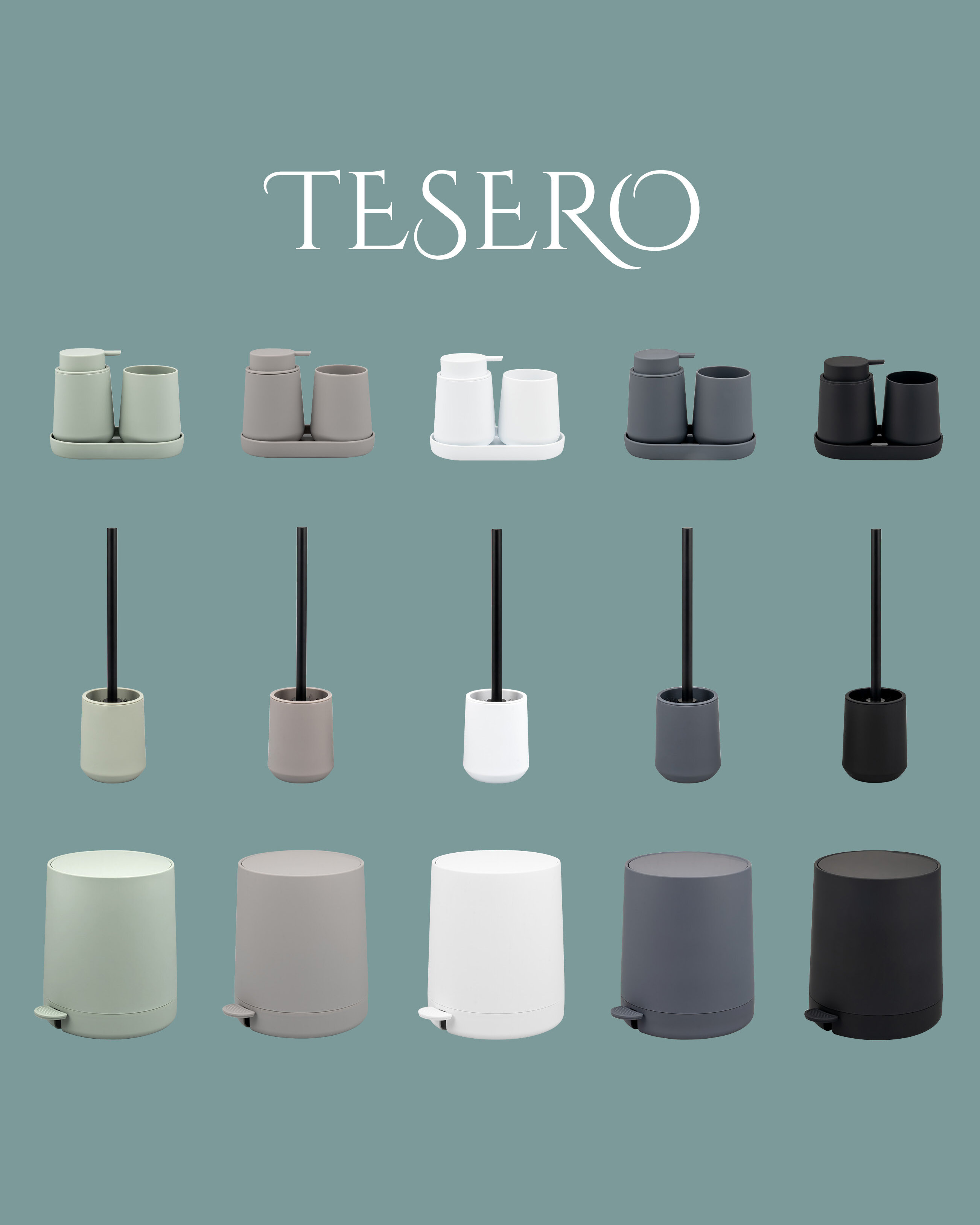 Minimalistische Badezimmer-Set-Kollektion mit Zahnbürstenhaltern, Seifenspendern und Abfallbehältern in Pastell- und neutralen Farben auf einem gedeckten blaugrünen Hintergrund.