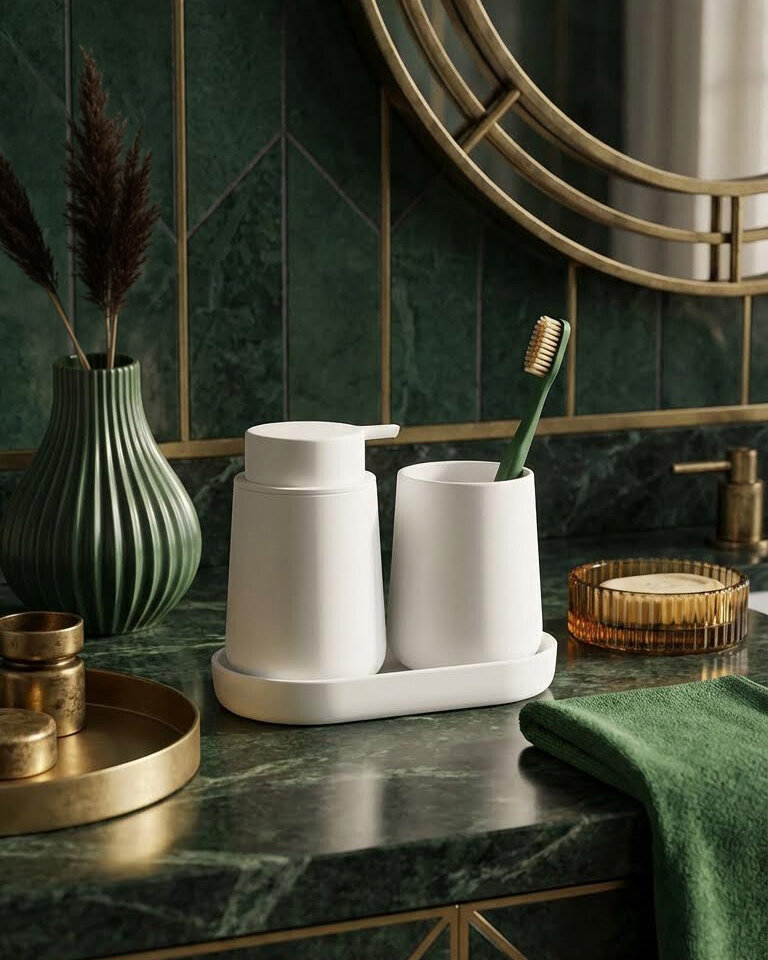 Elegante Badezimmerszene mit weißem Seifenspender und Zahnbürstenhalter auf einer grünen Marmorplatte. Goldakzente, grüne Vase und üppiges Ambiente.