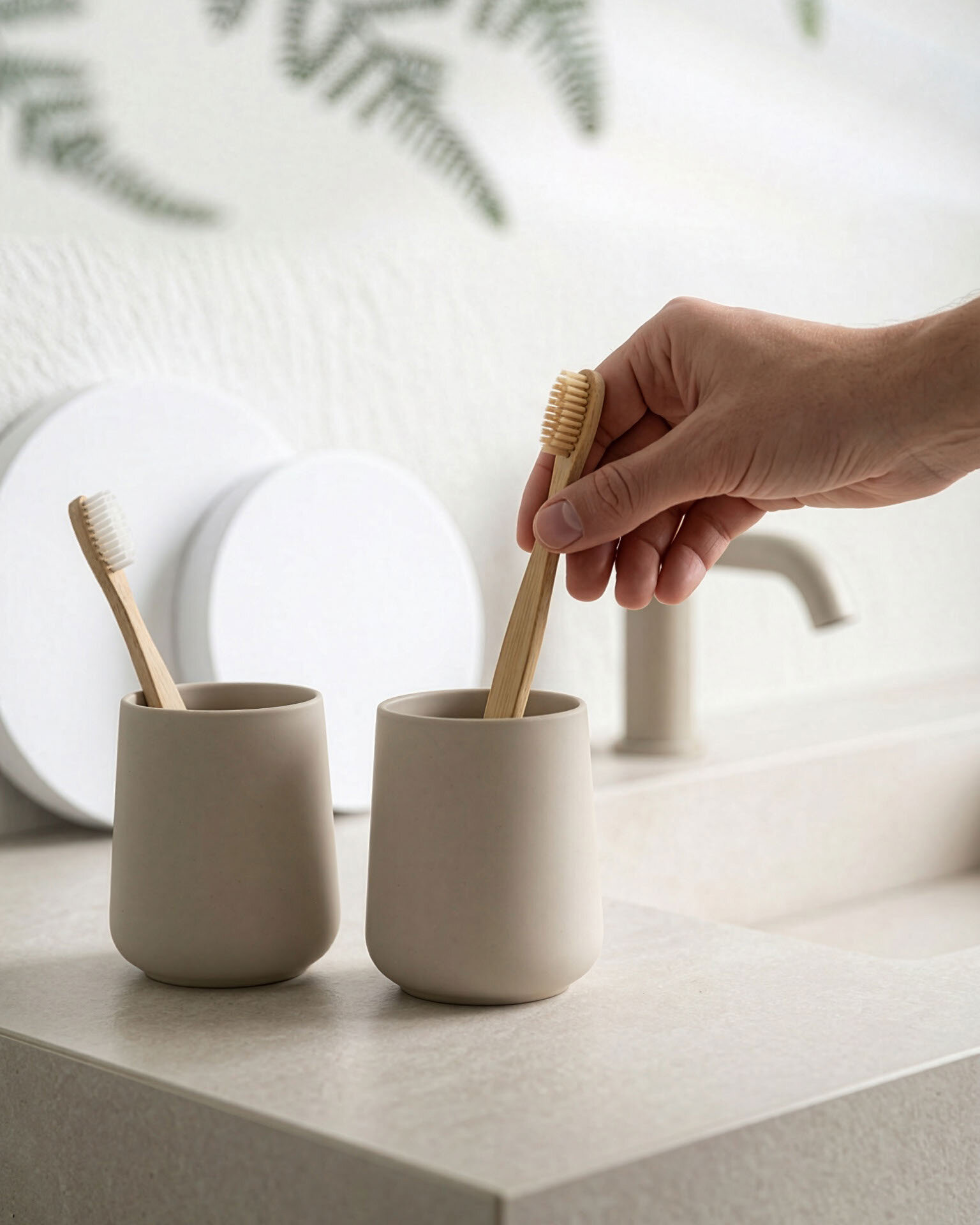 Eine Hand legt eine Holzzahnbürste in einen beigen Becher auf einem minimalistischen Waschtisch im Badezimmer. Farn-Dekorationen verleihen der ruhigen Umgebung ein frisches, natürliches Ambiente.
