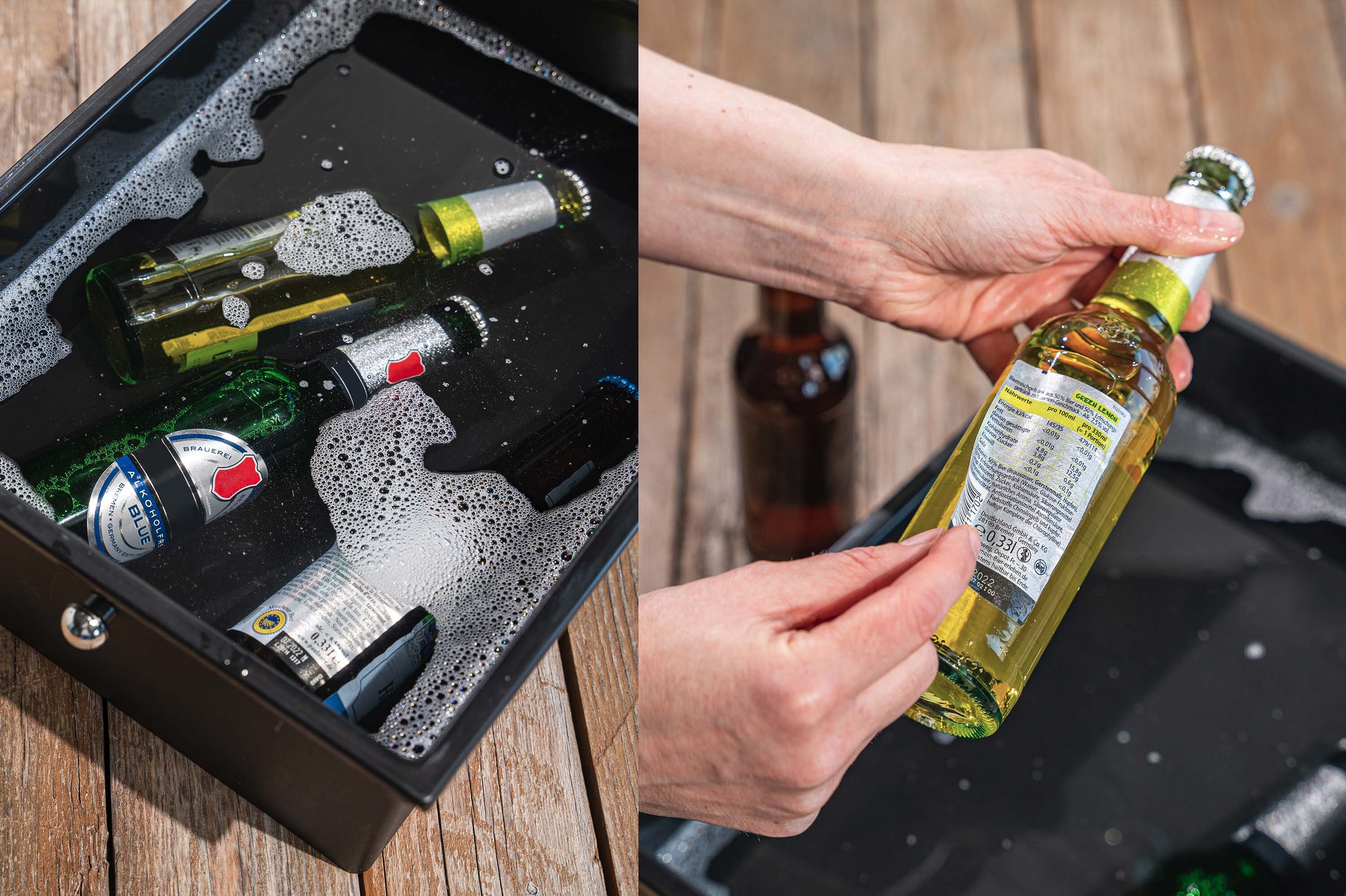  Gekühlte Bierflaschen im Wasserbad. Hand hält Bierflasche mit Etikett.