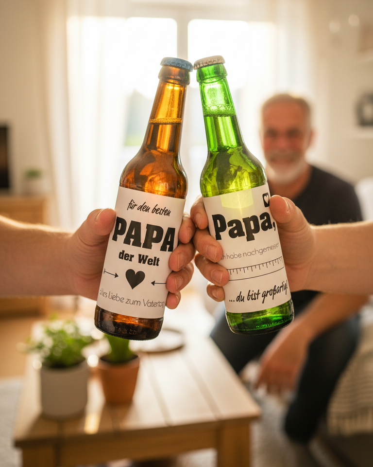 Zwei Hände stoßen Bierflaschen mit Vatertags-Etiketten an, eine braun, eine grün, im Hintergrund unscharfe Person und Wohnzimmereinrichtung.