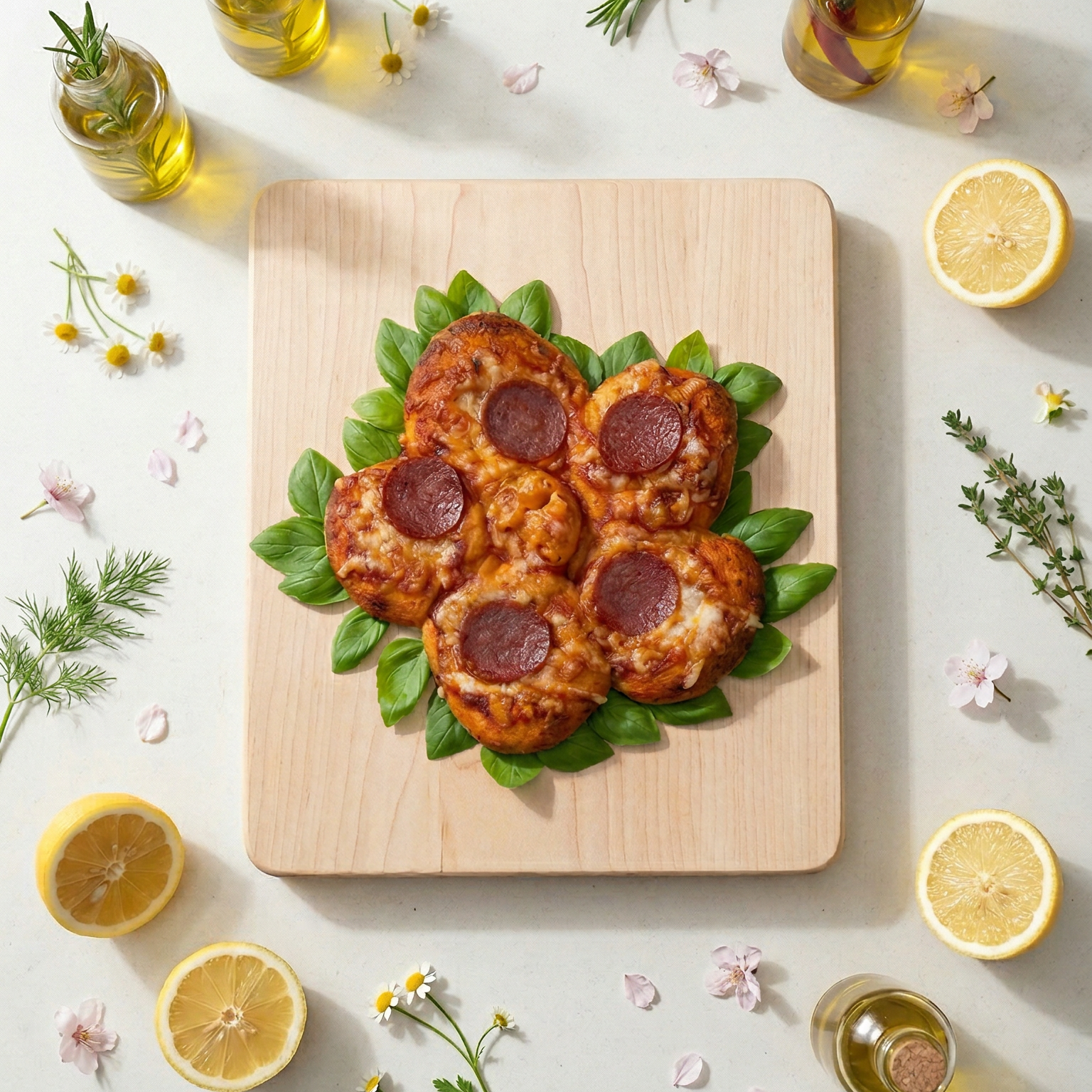Blumenförmige Mini-Pizzen mit Peperoni auf Basilikumblättern auf einem Holzbrett umgeben von Zitronenscheiben, kleinen Blüten und Kräutern