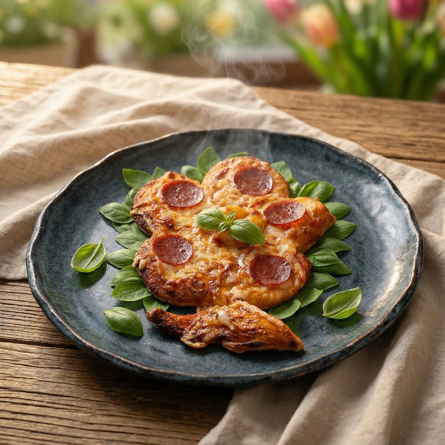 Pizza in Blumenform mit Peperoni belegt auf Basilikumblättern auf blauem Teller