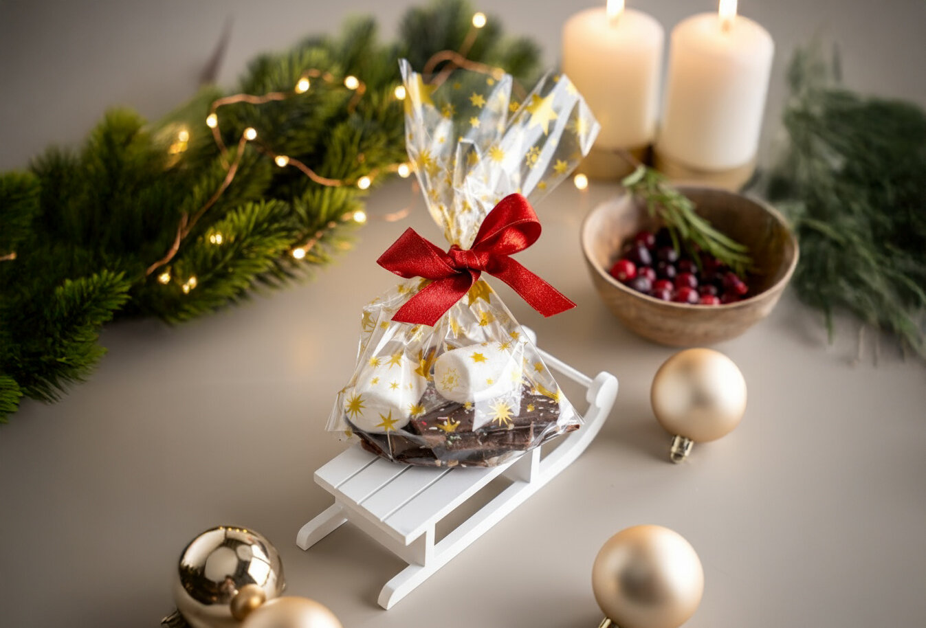 Weihnachtliches Arrangement mit einem kleinen weißen Schlitten, darauf eine durchsichtige Tüte mit goldenen Sternen und roter Schleife, umgeben von goldenen Kugeln, Tannenzweigen, einer Schale mit Cranberries und drei weißen Kerzen.