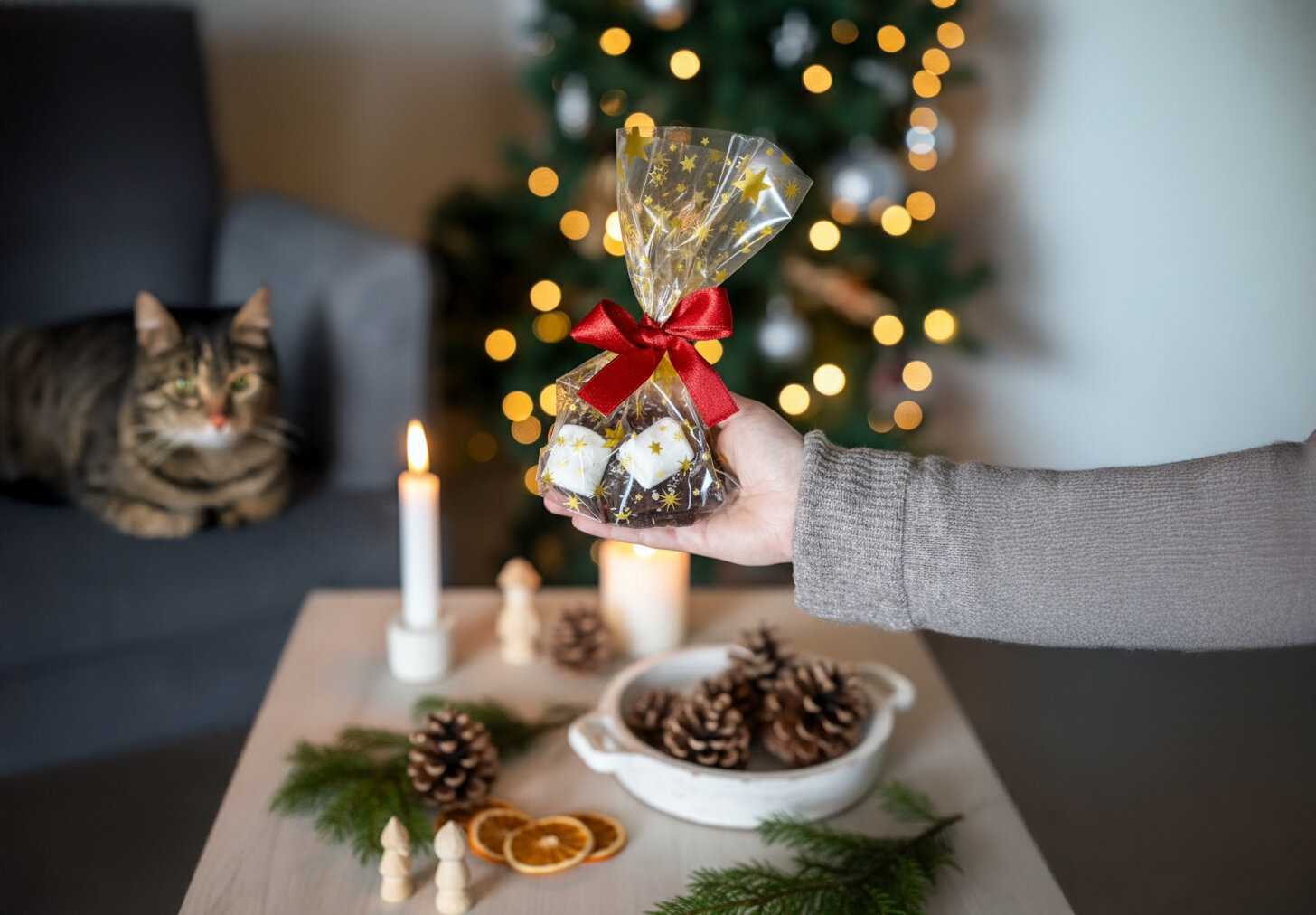 Hand hält durchsichtiges Geschenkbeutel mit roter Schleife, darin weiße Marshmallows mit Schokoladenüberzug, im Hintergrund Weihnachtsbaum und Kerzenlicht, links sitzende getigerte Katze auf Sofa.