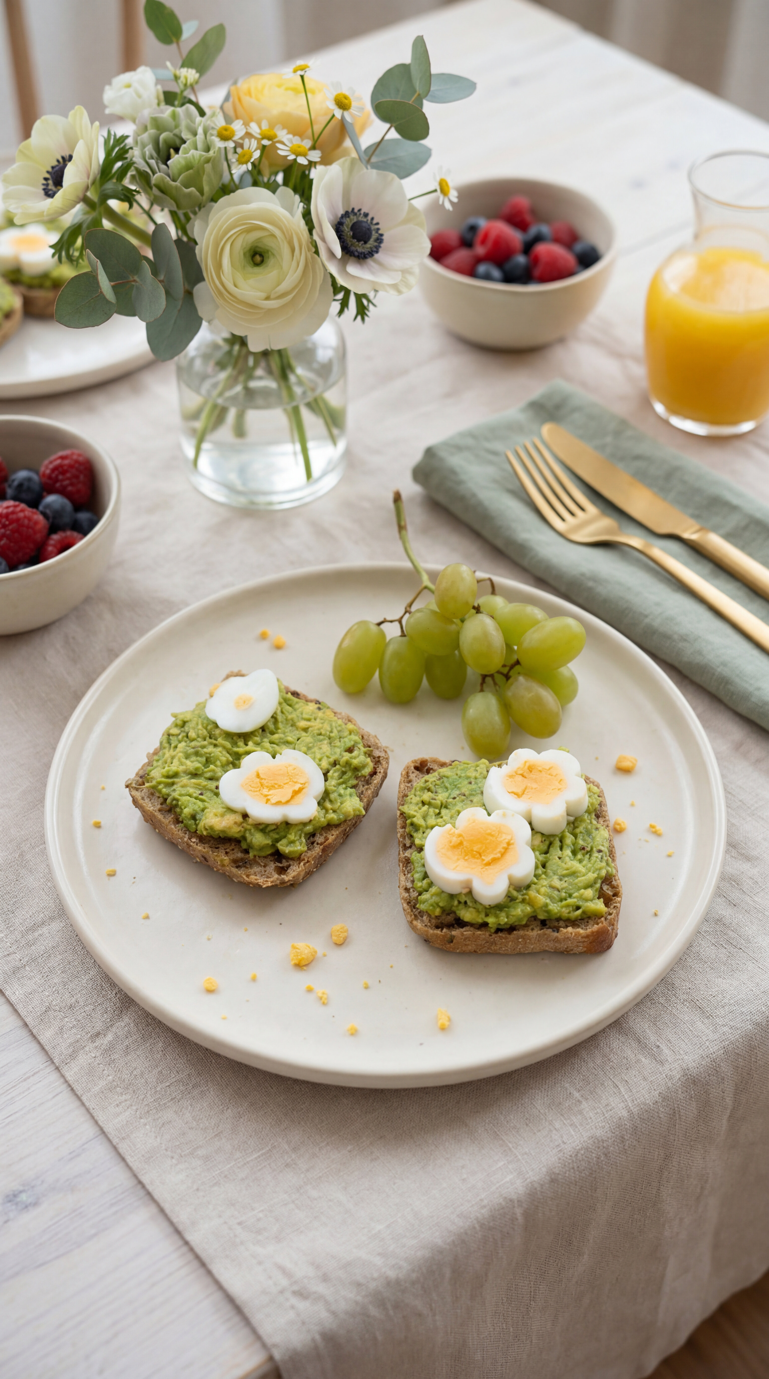 Zwei Brotscheiben mit Avocadocreme und in Blütenform geschnittenen Eiern auf einem Teller mit Trauben daneben auf einem gedeckten Tisch mit Blumenstrauß, Schalen mit Beeren und Glas Orangensaft