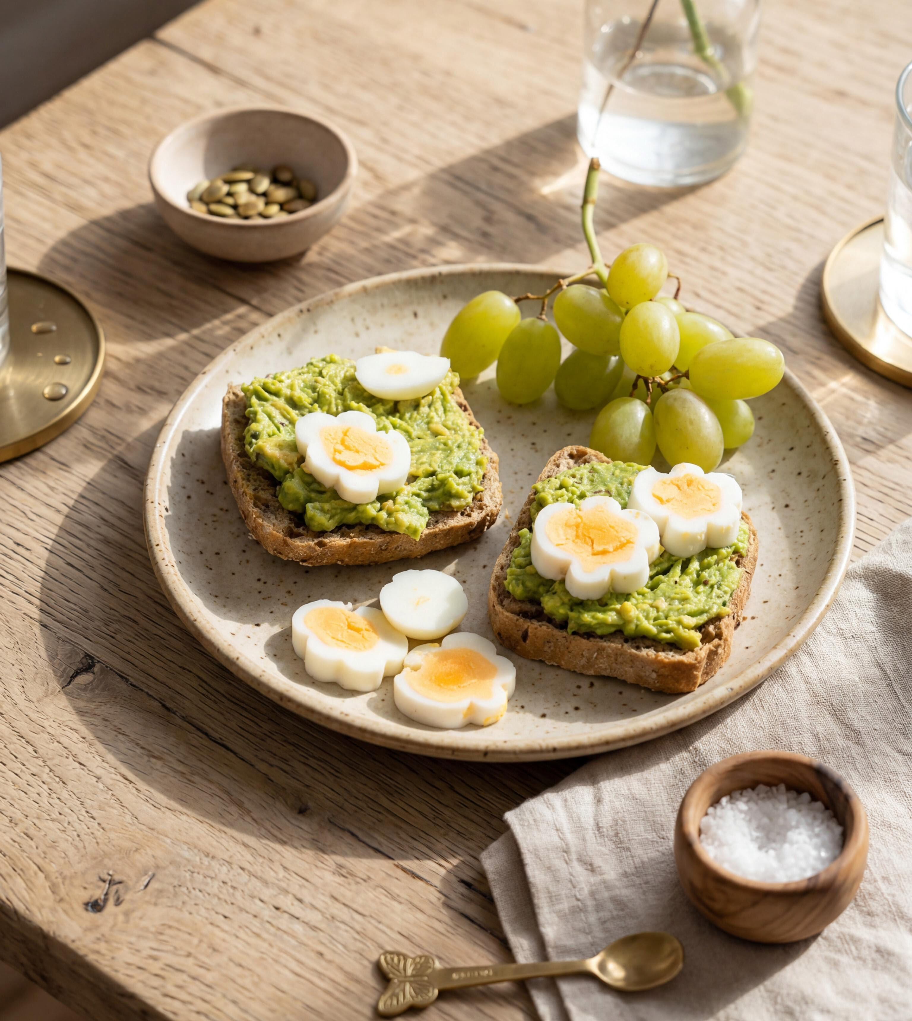 Zwei Brotscheiben mit Avocadocreme und in Blumenform geschnittenen Eiern auf einem Teller mit Trauben daneben auf einem Holztisch
