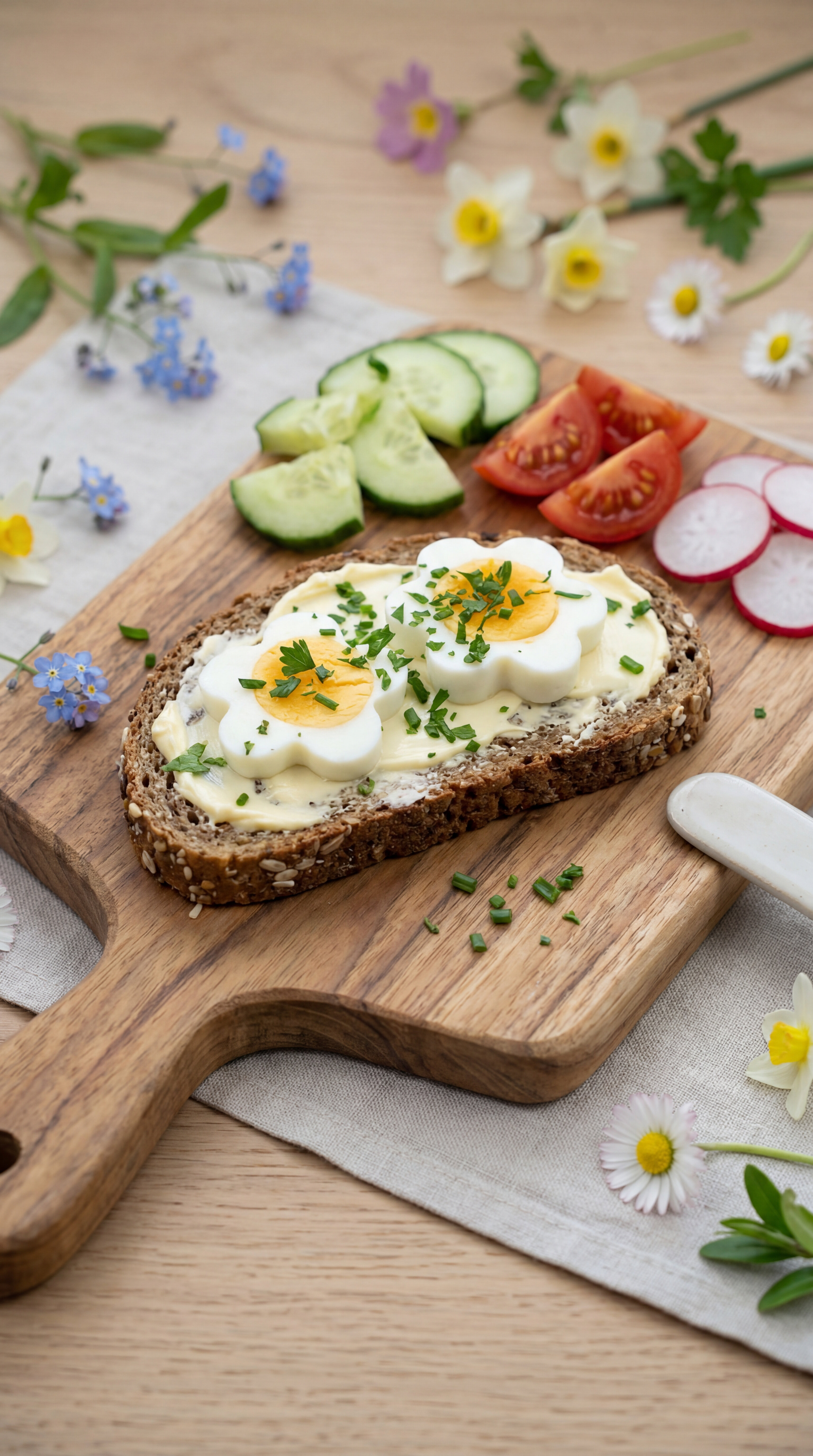 Vollkornbrot mit zwei in Blumenform geschnittenen Eiern und Kräutern auf einem Holzbrett mit Gurken-, Tomaten- und Radieschenscheiben sowie verstreuten Frühlingsblumen