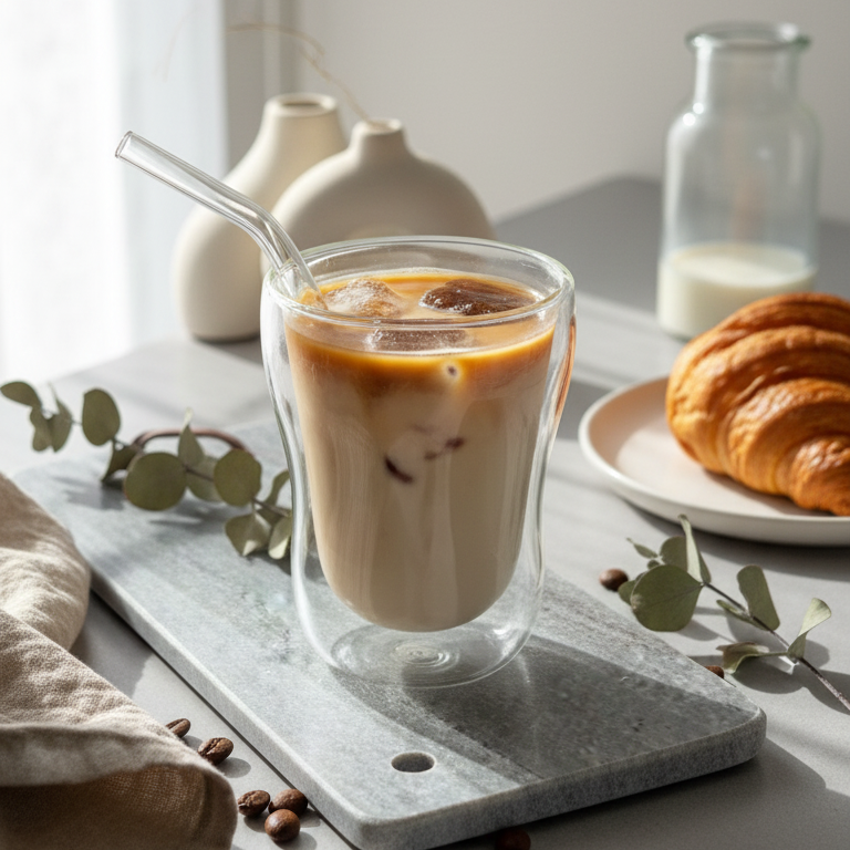 Glas mit Eiskaffee und Eiswürfeln, daneben zwei Croissants auf weißem Teller, Milchflasche und zwei beige Vasen auf Marmorbrett.