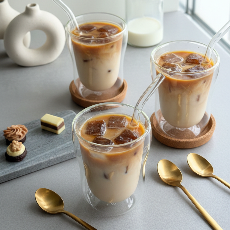 Drei Gläser mit Eiskaffee, Eiswürfeln und Glasstrohhalmen auf Holzuntersetzern, daneben goldene Löffel und kleine Pralinen auf grauer Platte.