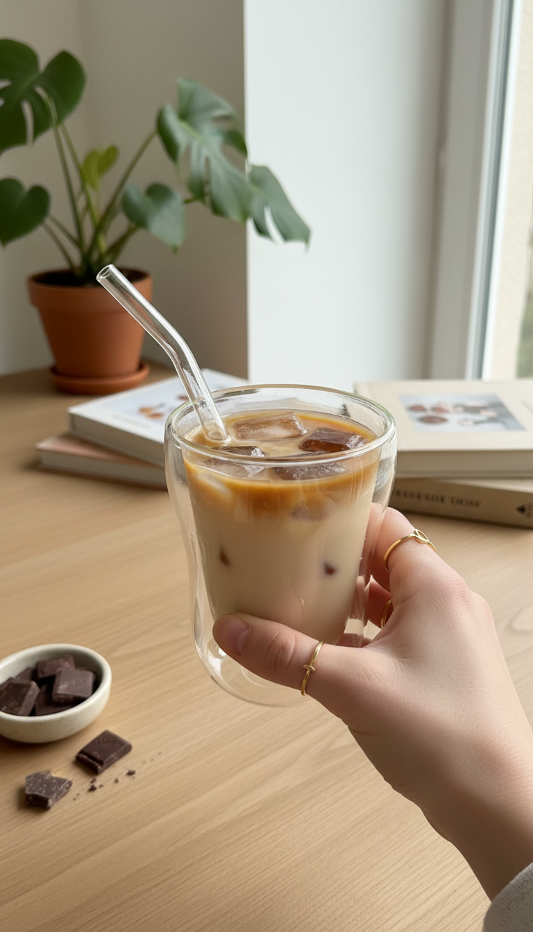 Hand mit goldfarbenen Ringen hält ein Glas mit Eiskaffee und Glasstrohhalm, im Hintergrund Pflanze und Bücher auf Holztisch.