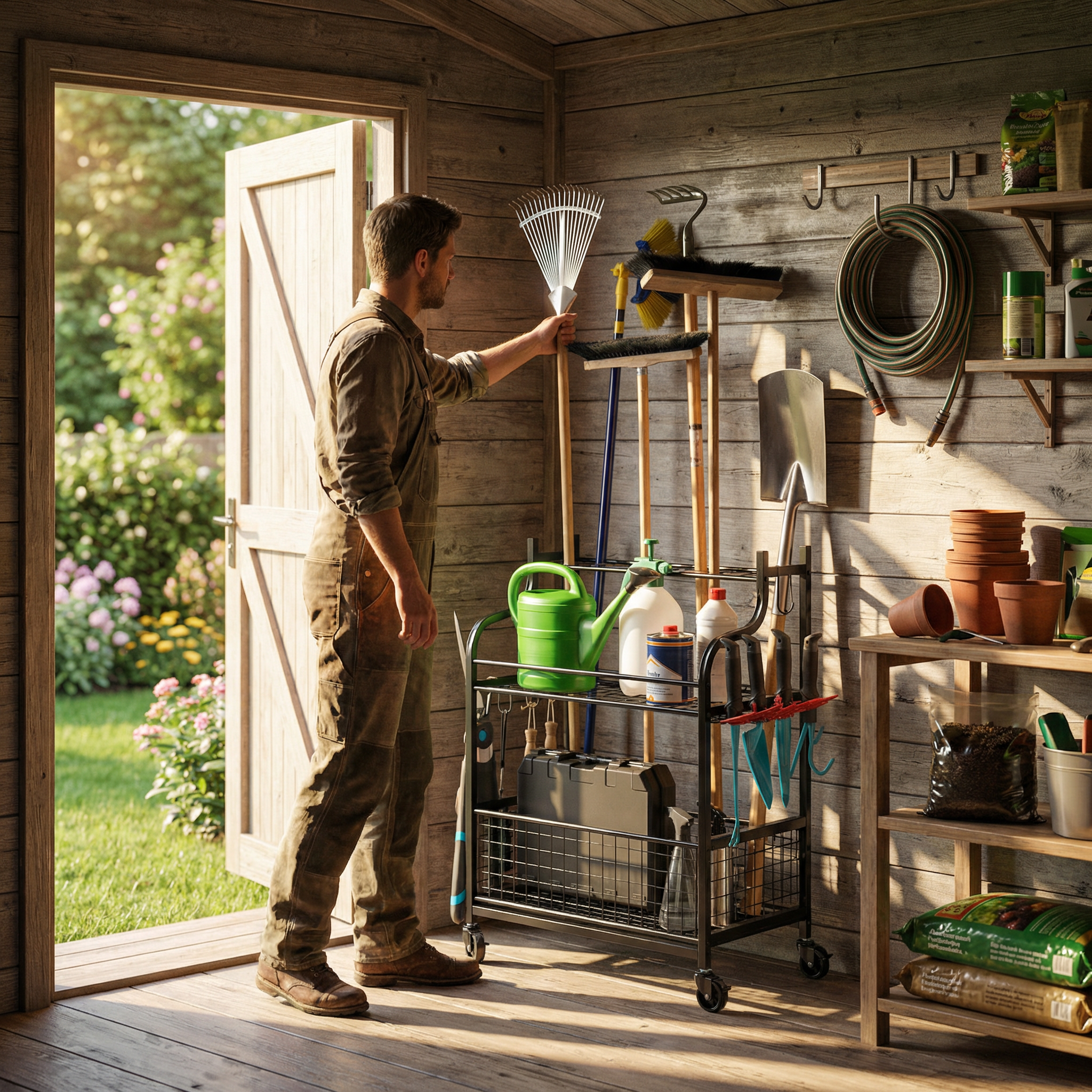 Mann in Arbeitskleidung stellt einen Rechen in einen Gartengeräte-Organizer aus Metall, der mit Gießkanne, Schaufel und weiteren Gartengeräten bestückt ist.