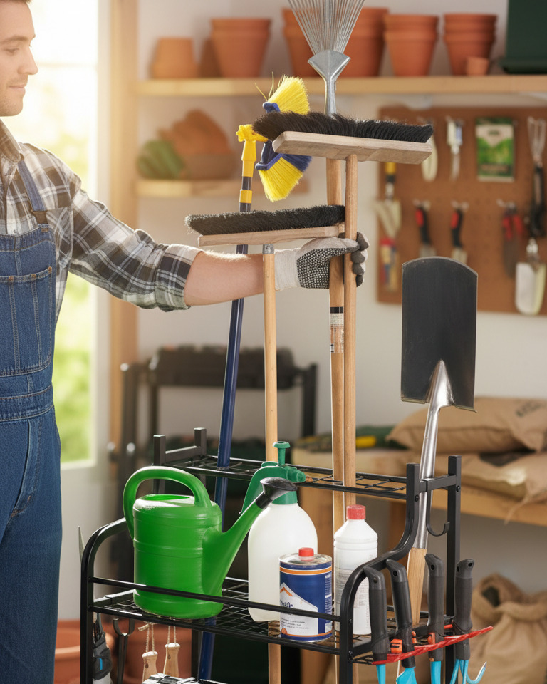 Gartenwerkzeugwagen mit mehreren Besen, Rechen, Schaufel, Gießkanne und Flaschen vor einer Werkbank mit aufgehängtem Werkzeug.