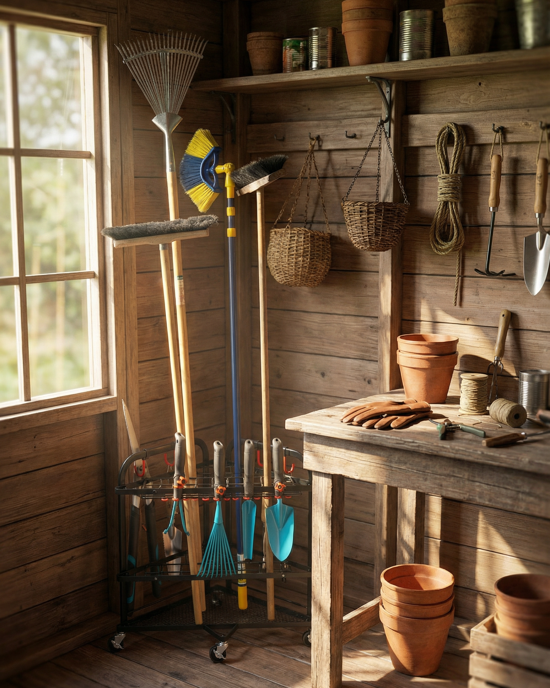 Gartengeräte wie Besen, Rechen und Schaufeln stehen in einem Ständer in einer hölzernen Gartenhütte neben einem Fenster.