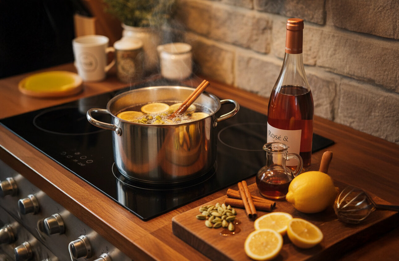 Kochtopf mit Zimtstangen und Zitronenscheiben auf Herd, daneben Flasche mit roséfarbenem Getränk, Zitrone, Zimtstangen und Kardamom auf Holzbrett.