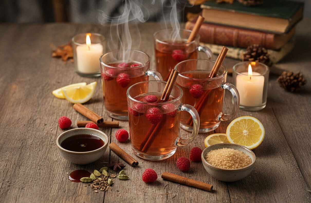 Drei dampfende Gläser mit Zimtstangen und Himbeeren, umgeben von Kerzen, Zitronenscheiben, Gewürzen und braunem Zucker auf Holztisch.