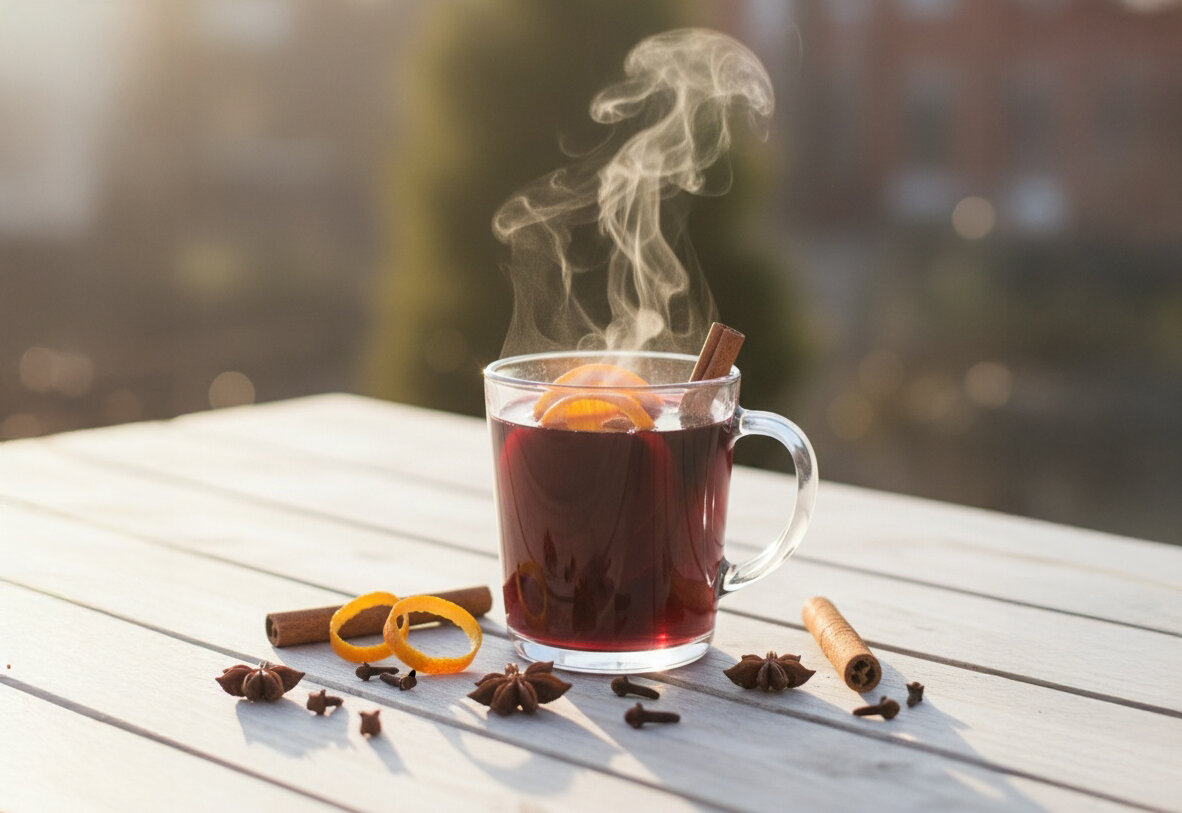 Glas mit dampfendem Glühwein, garniert mit Zimtstange und Orangenscheibe, auf weißem Holztisch mit Gewürzen.